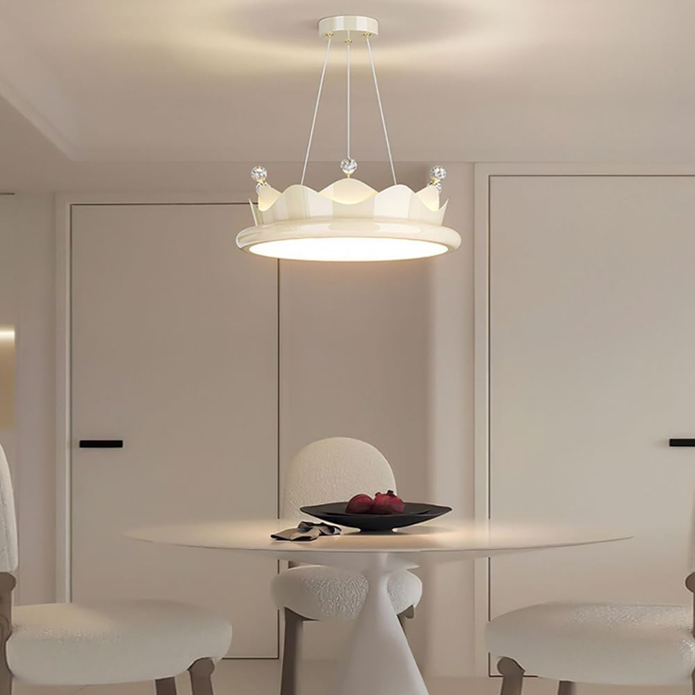 Cream Crown Chaner Girls Room Princess Round 40W Led Acrylic Light 15.7In Child's Room Hanging Chaners for Bedroom, 3 Color Mode Light Fixture