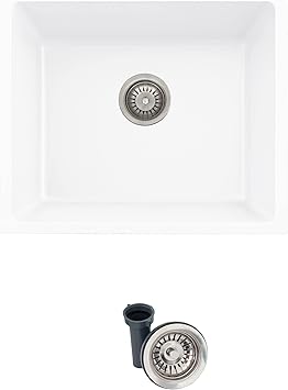 Stylish 22 x 17.5 Composite Granite Kitchen Sink, Single Bowl Under Mount & Drop in, 8.25 in Deep, Rear-Center Drain, with Strainer, White, S-822H