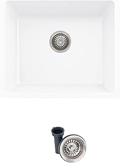 STYLISH 22 inch x 17.5 inch Dual Mount White Granite Composite Single Bowl Kitchen Sink with Regular Strainer, Topmount and Undermount Installation, S-822H