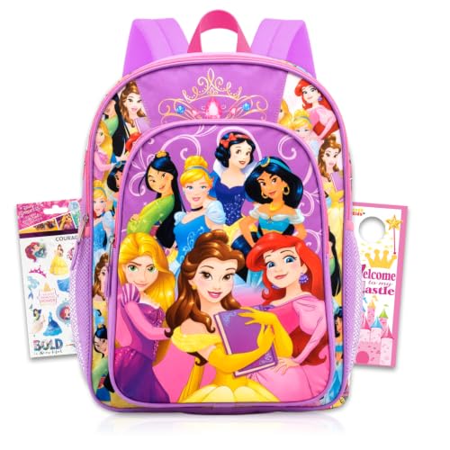 Mochila Disney Princess para meninas e crianças pequenas ~ Pacote de mochila escolar de princesa de luxo com Ariel, Cinderela, Rapunzel e mais (material escolar de princesas da Disney), Mochila Disney