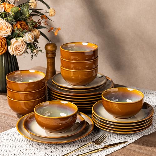 Image of LERATIO Ceramic Dinnerware Sets for 8,Stoneware Plates and Bowls Sets,Handmade Reactive Glaze Dishes Set,Chip Resistant and Scratch Resistant | Oven&Dishwasher & Microwave Safe-Kahki (24PCS)