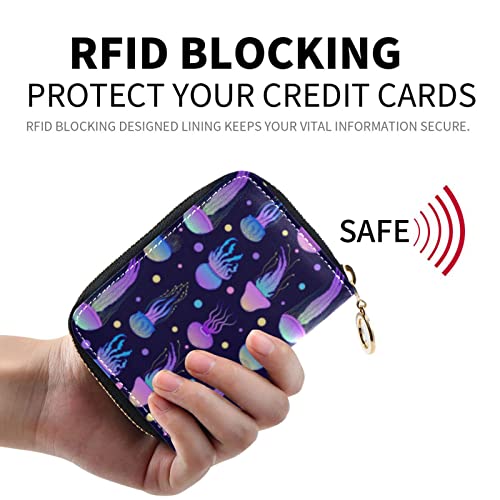 OTVEE Doodle Purple Jellyfishes Credit Card Wallet, Microfiber Leather Zipper RFID Card Case Holder for Women2