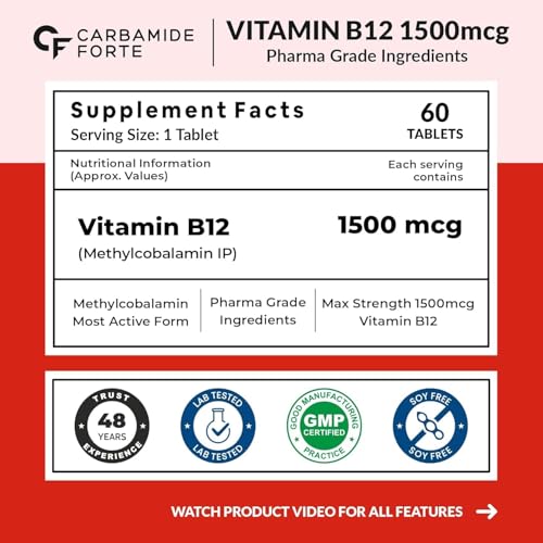 Image of Carbamide Forte Vitamin B12 Supplements - Methylcobalamin 1500mcg Vitamin b12 tablets| B12 supplement for men & Women | Active form of b12-60 Tablets (Pack of 3)