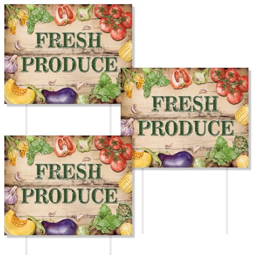 3Pack Doube Sided Vegetables Fresh Produce Sign with Stake for Farmers' Market Green Vegetable Garden Stand Sign for Market Stall Roadside Stand Vegetable Business Advertising Decor 14.37 X 11.22 Inch