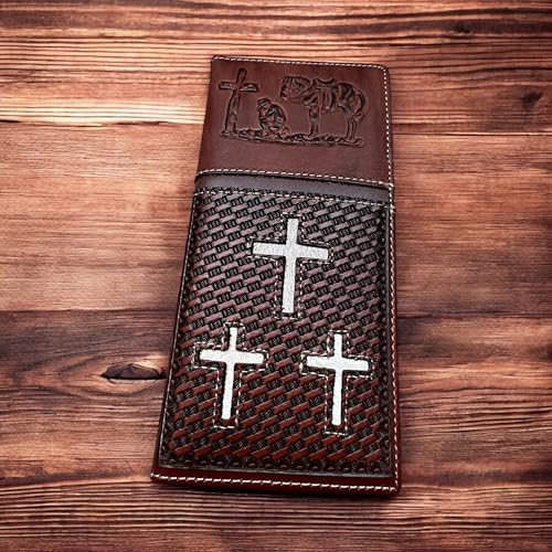 Men’s Long Leather Wallet – Basketweave with Cowhide Inlay, Triple Crosses & Embossed Cowboy Praying at Cross – Western Christian Bifold Checkbook Wallet2