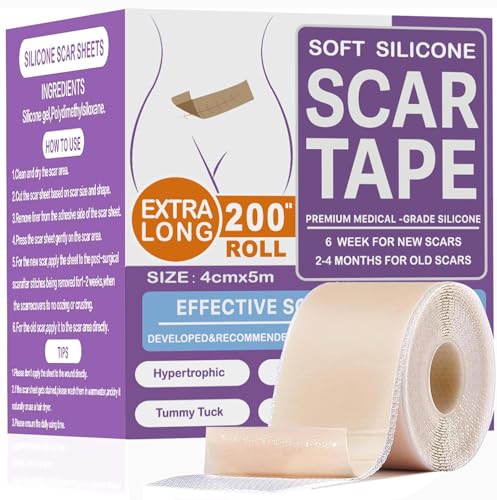Silicone Scar Sheets (1.6 x 200Inch- 5M) Soft Silicone Gel Scar Tape Roll Scar Removal Gel Patches Easy to Apply & Removal Gel Patches Soft Silicone Scar for Surgery