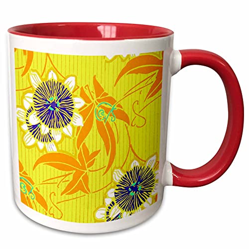 3dRose Art Nouveau Blue Flowers on Yellow 11oz Two-Tone Red Mug