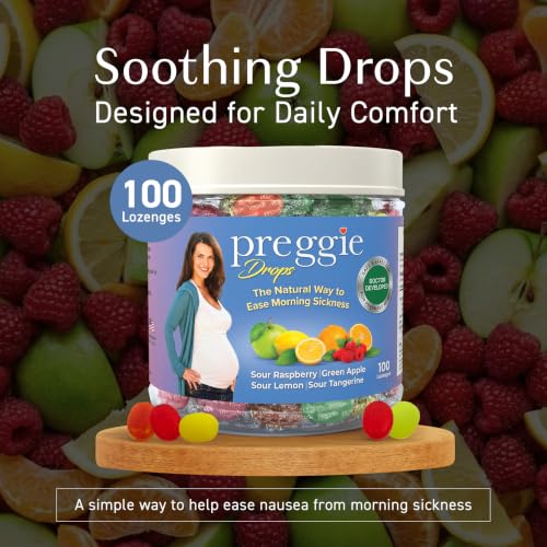 Image of Preggie Drops Pregnancy Nausea Lozenges with Essential Oils & Fruit Extracts, Morning Queasiness Lozenges for Pregnant Women, Natural Sour Drops Variety Pack, 100 Count