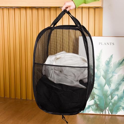 Folding Laundry Basket Mesh Collapsible Laundry Baskets, Pop up Laundry Hamper Bins, Folding Washing Basket with Handles Foldable Laundry Basket for Clothes Tidy Storage (Black) - Image 3