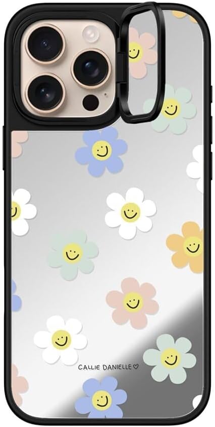 CASETiFY Mirror Ring Stand Case for iPhone 16 Pro Max [Kickstand / 4.9 ft. 1X Military Grade Drop Protection/Compatible with Magsafe] - Happy Daisies - Silver on Black
