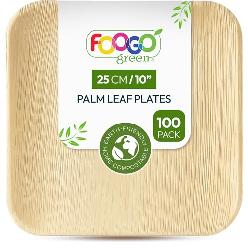 FOOGO Green 100pcs Disposable Palm Leaf Plates, 10(25cm) Large Square, Eco Friendly Biodegradable Compostable Like Wooden, Bamboo, Paper Plates for Hot Food, Picnic Wedding Parties