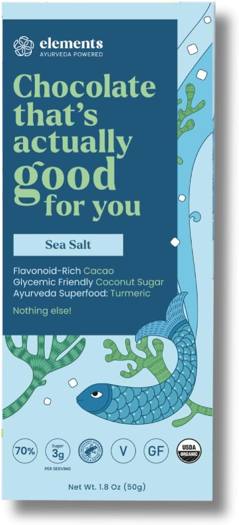 Organic Sea Salt Dark Chocolate Bar | 70% Organic Cacao, Sweetened with Coconut Sugar, 3g Sugar | Superfood: Turmeric | Ayurvedic, Vegan, Gluten Free, Non-GMO | 1.8 oz (Pack of 1)