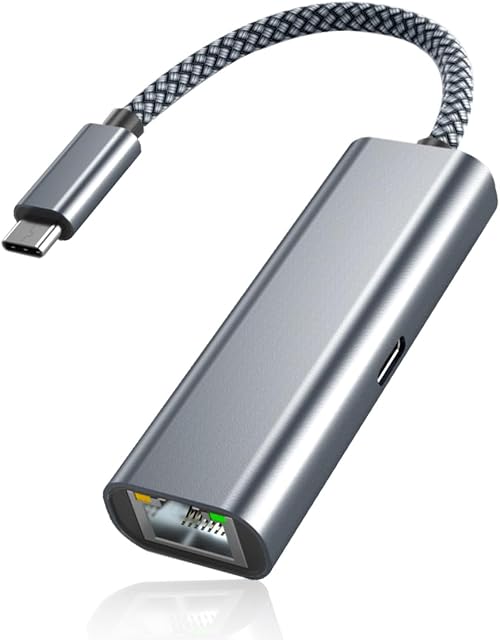 Adapter USB-C Gigabit Ethernet z portem ładowania, gniazdo sieciowe Thunderbolt 3 na RJ45 z zasilaniem typu C PD 60 W do Chromecast Google TV, iPhone 15, MacBooka, Maca, iPada Air 5 Pro, Dell,