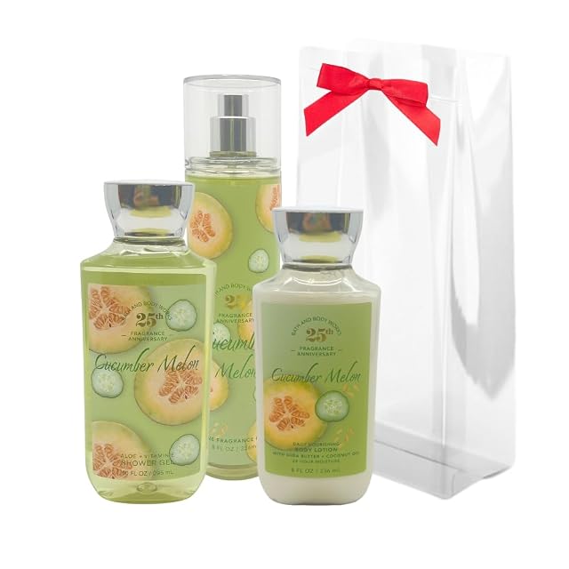 Bath Body Works CUCUMBER MELON 3-piece Gift Set with a Red Bow for Holiday Gifts - Mist Shower