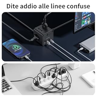 Ciabatta Elettrica Multipresa con 4 Prese Universali 10/16A ITA e Schuko, 2 M Prolunga Elettrica con 2 USB A+2 USB C,Presa Multipla Spina Piatta Salvaspazio con Interruttori per Casa, Ufficio Nero