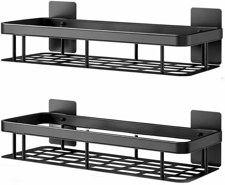 Sulfar Shower Caddy Shelf | Upgraded Thickened Adhesive Shower Rack | No Drilling Wall Mounted Bathroom Organizer | Rustproof Black Storage Basket for Bathroom, Kitchen, Toilet | 2 Pack