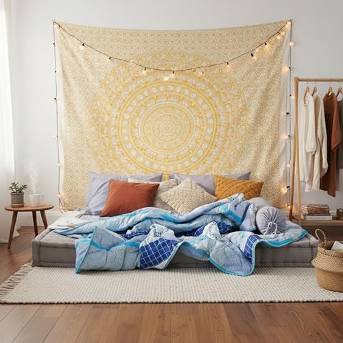 Image of Craft Trade 90x108 Inches King Psychedelic Yellow Cotton Mandala Ombre Wall Hanging Tapestry