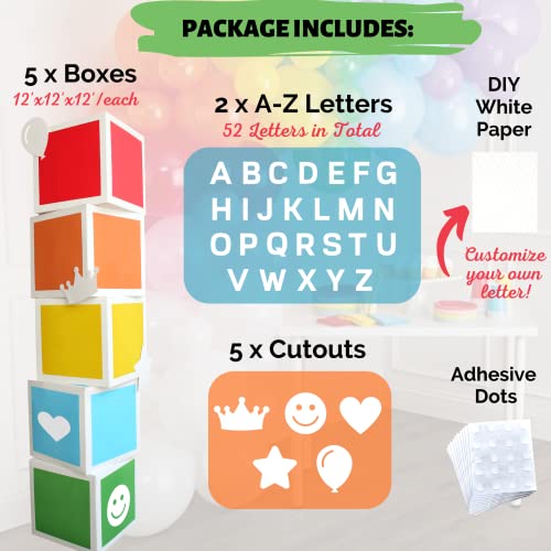 Rainbow Party Decorations - 5 Pc Letter Boxes For Party - 52 Pc Letters (2-Sets Of A-Z) For Custom Name, 5 Pc Fun Cutouts - Colorful Birthday Decorations Rainbow Birthday Decorations Block Letters #TOP1