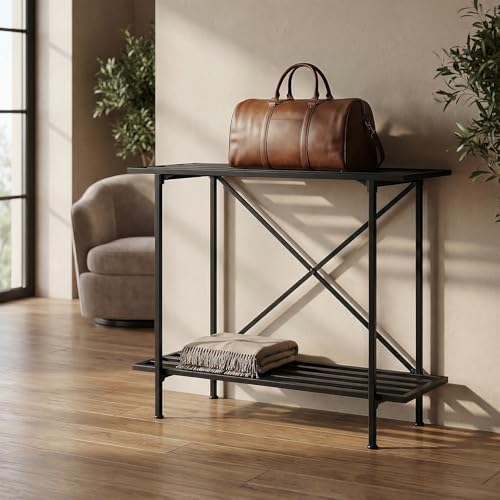 Image of ecofynd Metal Luggage Rack, 2-Tier Space-Saving Travel Organizer, Stable Luggage Holder for Guest Room, Bedroom, Hotel, Holds up to 150 Kg, Strong, Non-Slip Feet, X-Cross Brace at Back (Black)