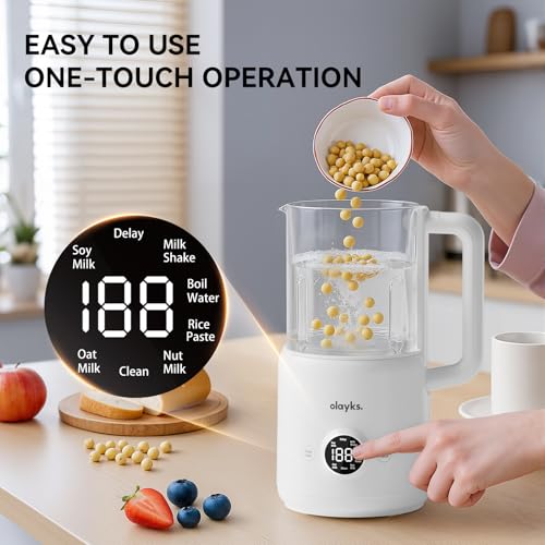 olayks.6 in 1 Automatic Nut Milk Maker, 20oz Soy Milk Maker Machine for Homemade Oat, Soy, Plant-Based Milk, Dairy Beverages, 12 Blades Almond Milk Maker with Delay Start, Self-Cleaning, Boil Water