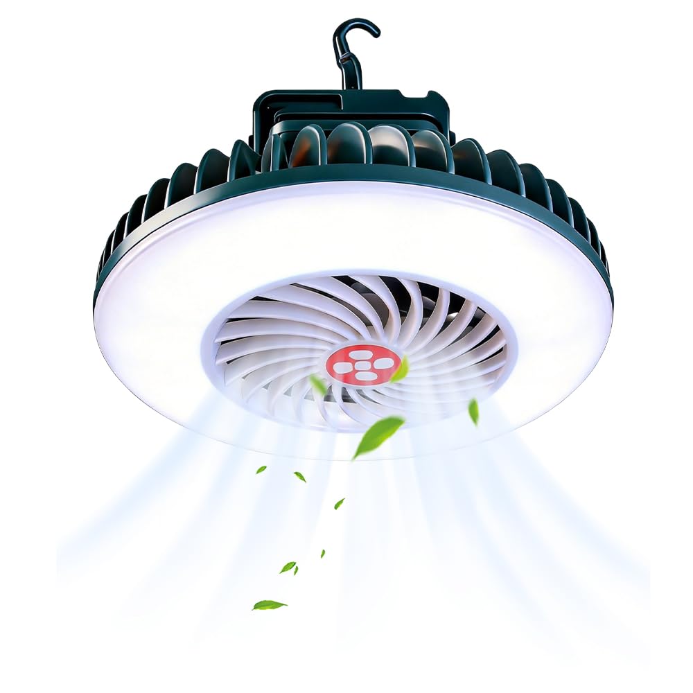 LED Campinglampe mit Ventilator, AVCXEC Camping Ventilator mit Licht, Camping Lampe mit Ventilator, Camping Licht mit USB Aufladbar, Zeltlampe Zum Aufhängen mit Hanging Haken für Campe, Angeln