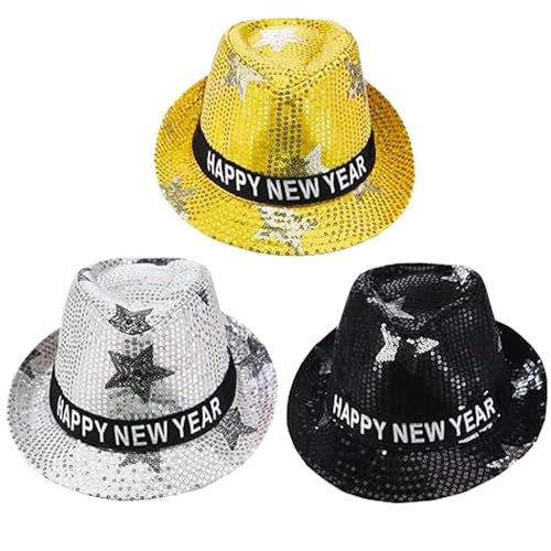 3 Pack New Year Hat Fedora Hats New Years Hats New Year Eve Sequin Hat Gold Black Silver Happy New Year Hat for Adults Men and Women Christmas New Year Party Decorations