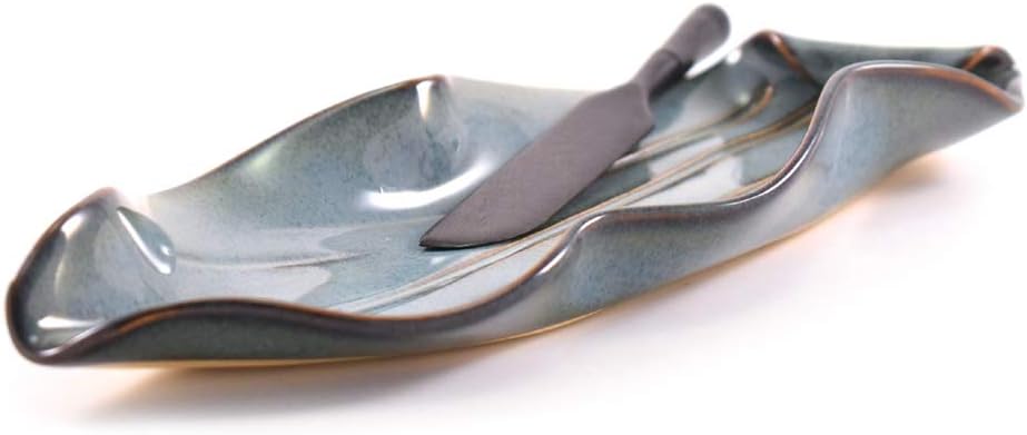 Hilborn Blue Leaf Butter Serving Dish with Wooden Butter Spreader, Handmade Pottery, 8.25-Inch