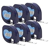 DYMO Authentic LT Plastic Labeling Tape for LetraTag Label Makers, 1/2' (12mm), Black Print On White Tape, 6-Pack