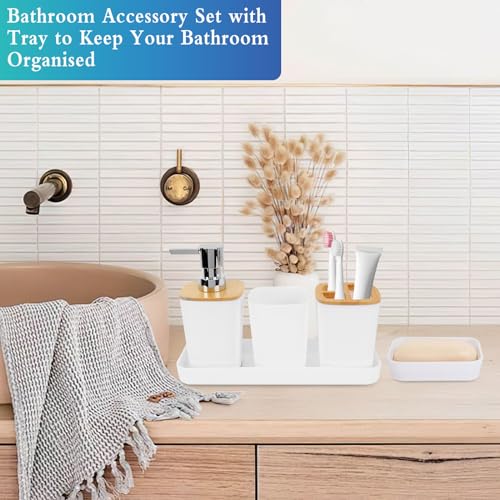 Dadabig Accesorios de Baño de Bambú, Juego de 7 Accesorios de baño, Dispensador de Jabón, Soporte para Cepillos de Dientes, Vaso de Enjuague y Jabonera (Blanco) - imagen 4
