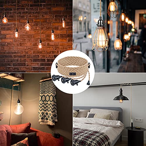 Plug In Hanging Light Fixture, 20Ft 3 Bulbs Pendant Lamp Lights Cord With Switch Cord E26 Bulbs Socket, Industrial Diy Twisted Hemp Rope Overhead Lamps For Farmhouse Bedroom Home Lighting Decors #TOP5