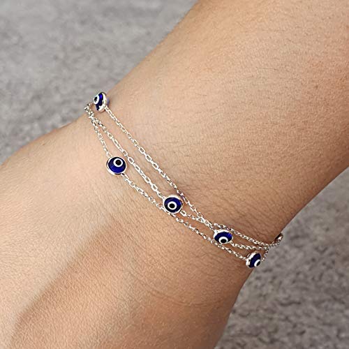 MYSTIC JEWELS by Dalia - 7,5 inches Silver Evil Eye Bracelet on Triple Chain with Small Eyes - Good Luck Bracelet2