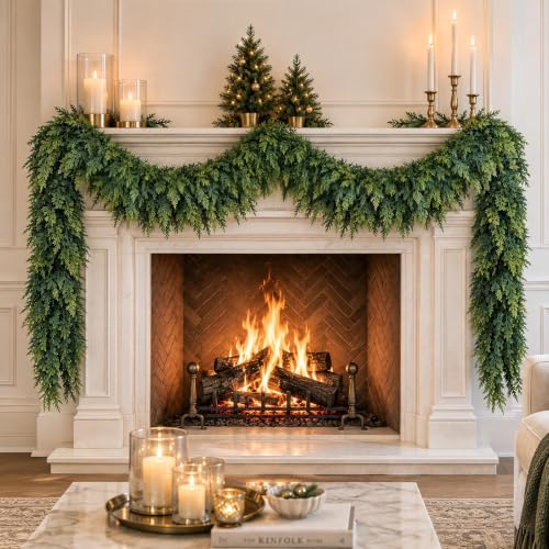POOWUUDT 12FT Christmas Cedar Garlands Realistic, Real Touch Winter Xmas Garland, Christmas Decorations Indoor Outdoor, Artificial Holiday Decor Faux Greenery for Mantle, Fireplace, Table by POOWUUDT - Used condition - US$47.71