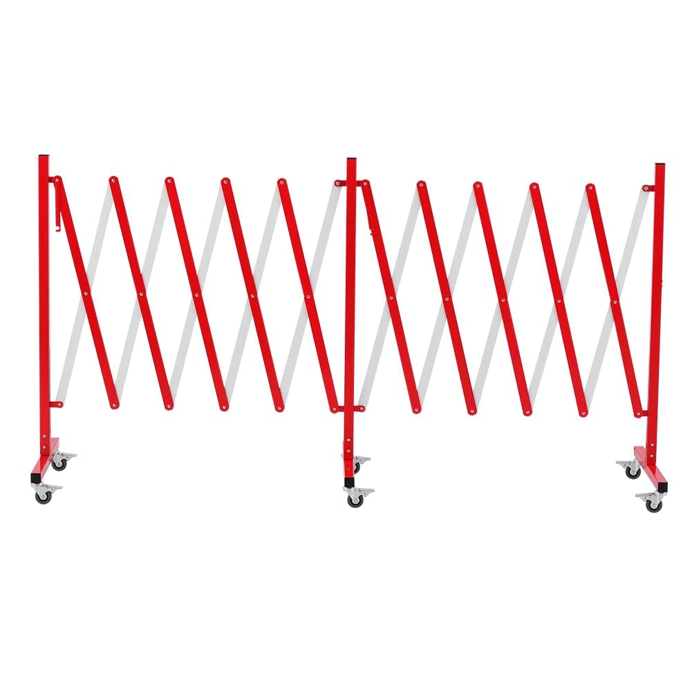 Rejilla de tijera industrial extensible, barricada de metal, cadena de barrera fácil de montar con ruedas, barrera móvil para exteriores, barrera amarilla y negra, 5 metros, rojo y blanco
