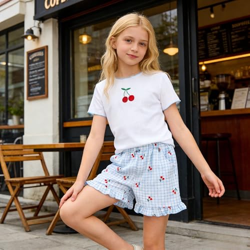 Image of Yoxindax Tween Girls Summer 2-Piece Outfit Set - Crew Neck Short Sleeve T-Cherry Print Shorts 7-14Y Summer Clothes