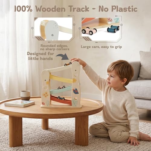 Freniland Wooden Car Ramp Toy with 4 Mini Cars, Montessori Toddler Toys for 1 Year Old Boys Girls, Wooden Race Track Set, Car Toys for Toddlers 1-3, First Birthday, Age 18+ Months - Image 2