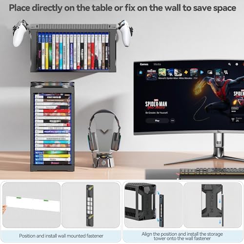Video Game Storage Tower Holder with Controller Stand, Wall Mount Game Organizers and Storage for Nintendo Switch 2/ PS5/4/ XboxOne/Series, Vertical & Horizontal Stand for 20 Gaming Discs Accessories - 3