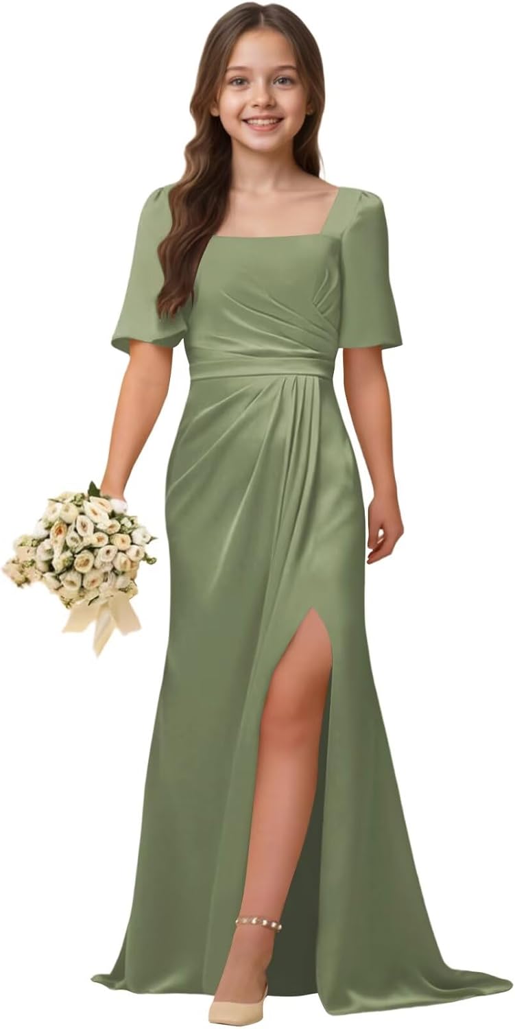 Satin Junior Bridesmaid Dresses for Teen Girls Flutter Sleeves Long Flower Girl Dress Wedding Party Gown