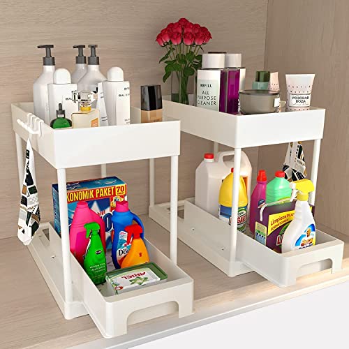 Teliaskin Under Sink Organizers And Storage 2 Tier, Bathroom Sink Organizer With Sliding Drawer And 4 Hooks, Cabinet Organizer For Bathroom Kitchen,12.4 X 8.66 X 15.75 Inch (White) #TOP5