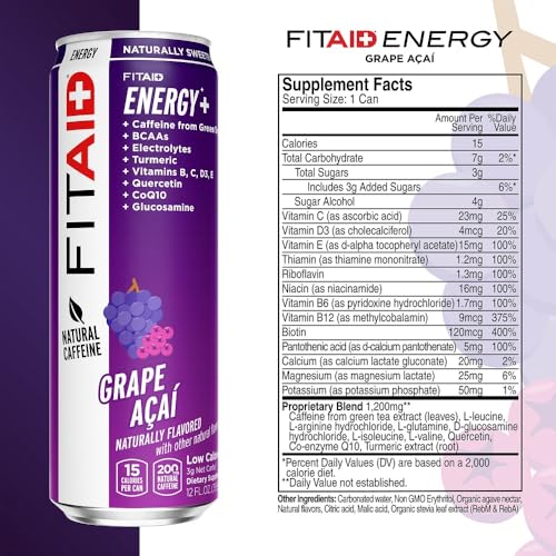 Image of LIFEAID FITAID Energy Grape ACAI 200mg Natural Caffeine Keto Pre-Workout Performance: BCAAs Quercetin Electrolytes Omega-3s 15 Calories Paleo Vegan & Gluten-Free 12-oz (Pack of 12) - Packaging may vary