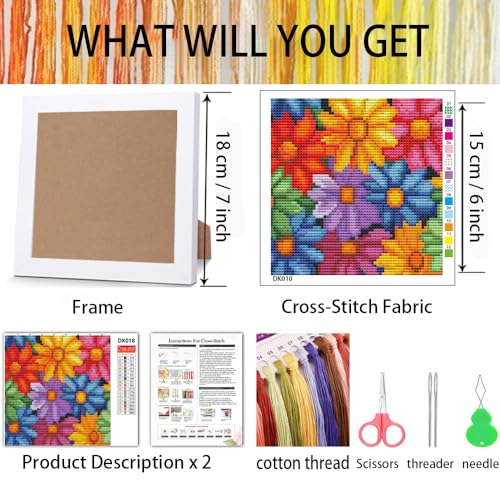 Image of Tiwabb Flower Cross Stitch Kits for Adults Beginners,Stamped Cross Stitch Kits with Framed,Embroidery Kit for Beginners,Full 11CT Cross-Stitch Arts and Crafts for Adults 7x7inch