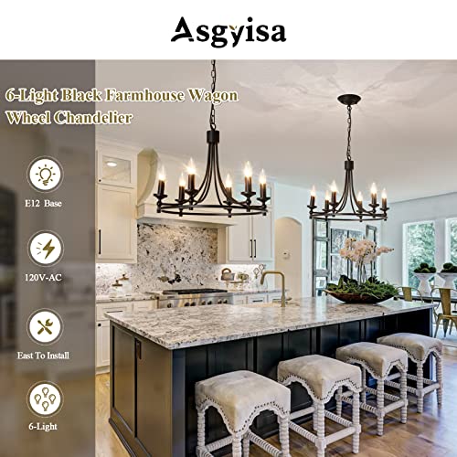 Asgyisa 6-Light Black Farmhouse Wagon Wheel Candle Iron Chandelier Fixture Industrial Hanging Pendant Lighting Antique Ceiling Light For Entryway Kitchen Dining Room Living Room Bedroom Foyer #TOP2