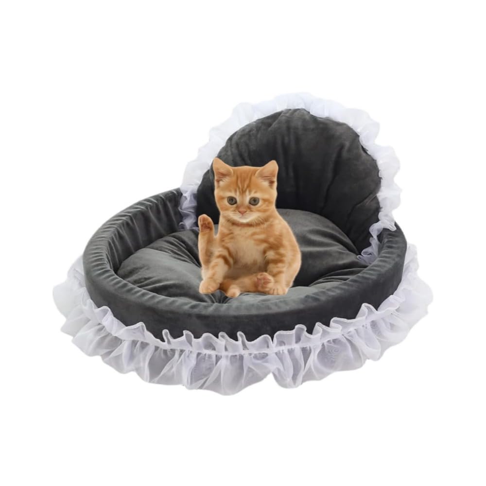 SSDHUA Cute Cat Bed Heart-Shaped Cat Nest Lace Lace Princess Nest Cotton Velvet Warm Soft Cat Sofa Bed Suitable for Cats and Dogs to Spend The Warm Winter (L,Grey)