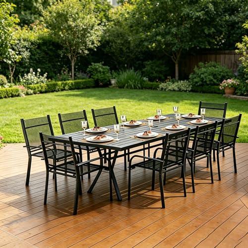 9 Pieces Outdoor Dining Table 76x36+ 8 Patio Dining Chair Set Rectangle Patio Dining Table and Chairs with Stable Metal Frame for Garden Backyard Umbrella Hole Design Suitable for 8 People