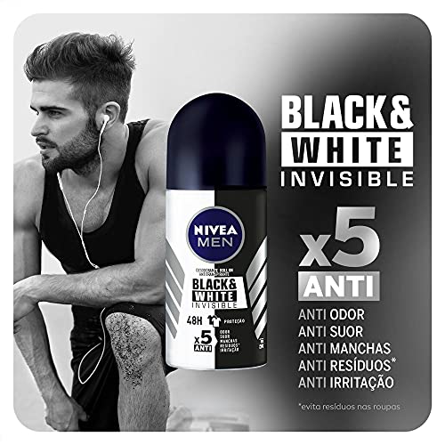 NIVEA MEN Desodorante Antitranspirante Roll On Invisible Black & White 50ml - Proteção prolongada de