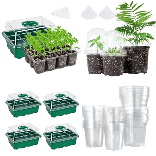 The Bundle of Bonviee 5 Packs Seed Starter Tray and Bonviee 36 Packs Variety Sizes Clear Nursery Pots with Dome