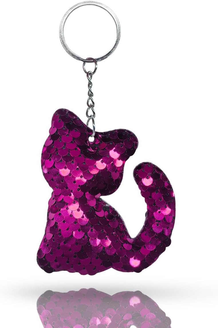 Sparkly Cat Sequin Car Keychain, Kawaii Kitty Key Ring Hanging Decoration, Mini Key Holder Present for Women (RoseRed)