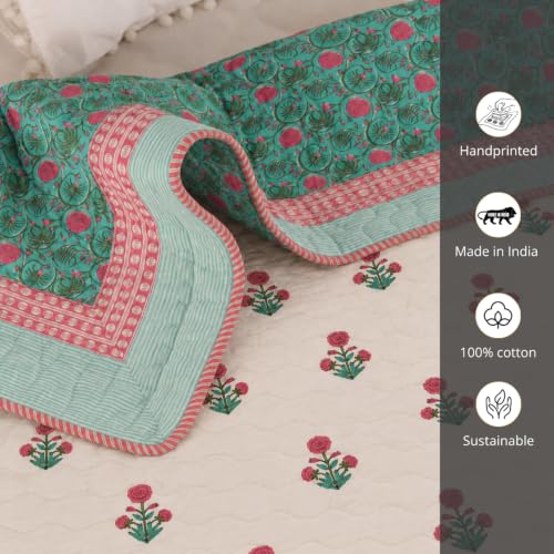 Image of Peepul Tree Hand Block Printed 100% Cotton Malmal AC Comforter 60x90 Inches, Best for Summers Lightweight, Soft, Breathable & Reversible AC Blanket for Single Bed, Floral White & Blue