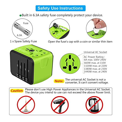 Saunorch Universal International Travel Power Adapter W/High Speed 2.4A Usb, 3.0A Type-C Wall Charger, European Adapter, Worldwide Ac Outlet Plugs Adapters For Europe, Uk, Us, Au, Asia-Green #TOP5