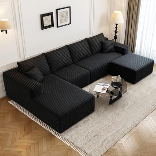 Image of 135.4 inch Cloud Modular Sectional Couch with 1 Ottoman,Modern Minimalist Upholstered Couches, Comfort U Shaped Sofa for Living Room,Deep Seat Corner Couch,No Assembly Required (Black,Left Facing Chaise)