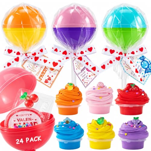 24pcs Easter Basket Stuffers for Kids,Valentines Day Gifts for Kids Classroom-Lollipop-Shaped Slime with Cards,Valentines Day Cards for Kids School Classroom,Slime kit for Girls Boys